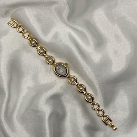 Women's Dainty Gold and White Pearl Bracelet Watch - Picture 7 of 7